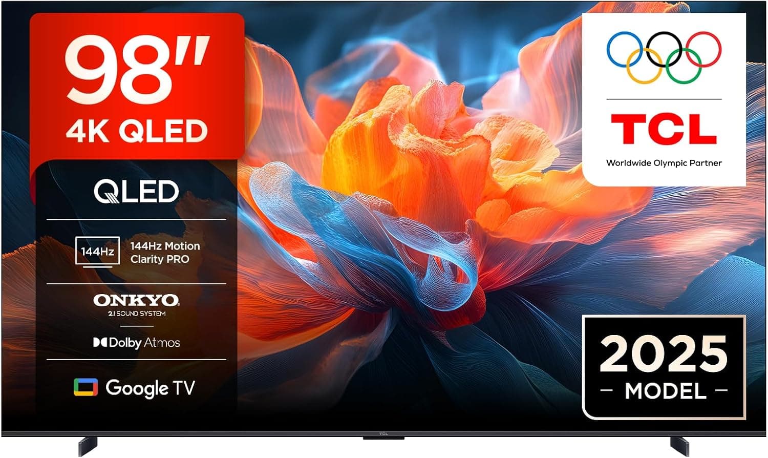 TCL 98T8C 98" QLED 4K HDR Ultra HD TV, Smart TV Powered by Google TV (Dolby Vision & Atmos, 144Hz Motion Clarity Pro, FreeSync, Onkyo 2.1 Sound, Voice Control)